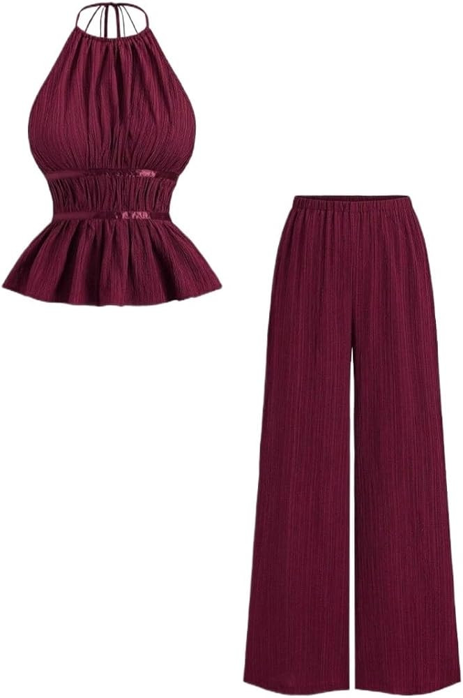 Womens Lounge Sets Solid Color Waist Tie Halter Top Wide Leg Pants Set For Women | Amazon (US)