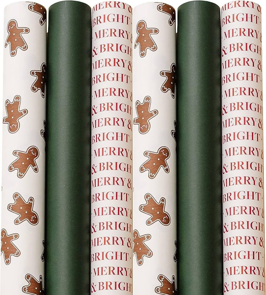 Merry Market 6-pack Premium Matte Christmas Wrapping Paper, Minimal Holiday Gift Wrap, 2 Gingerbr... | Amazon (US)