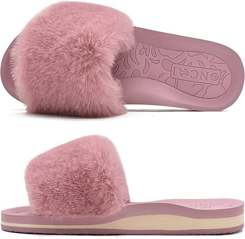 ONCAI Womens Fluffy Slides Open Toe Faux Fur Slippers With Cushion Arch Support Yoga Mat Size 5-1... | Amazon (US)