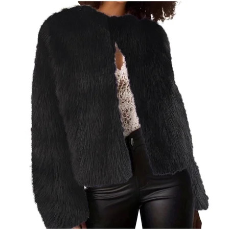 Ashirexll Winter Coats Fleece Cropped Jacket Faux Fur Long Sleeve Shaggy Warm Outerwear Fall Clothes Black S | Walmart (US)