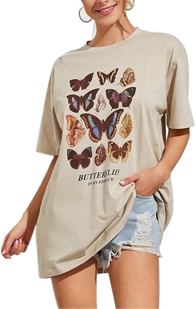 Women’s Butterfly Printed Graphic Loose Tee Short Sleeve Round Neck Loose Tshirt Tops | Amazon (US)