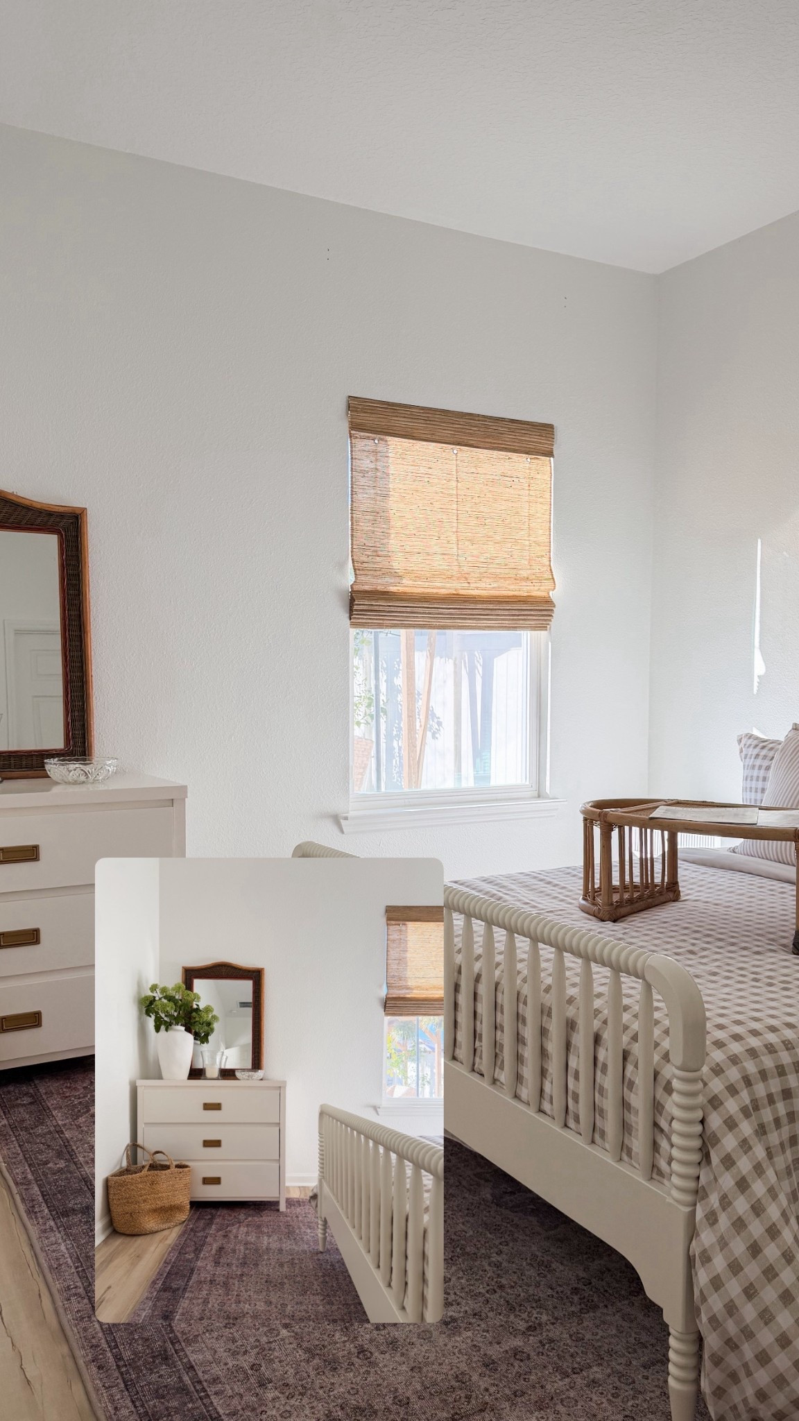 Guest room details. 🤎 

Also You can use my code HOMEOFUANDME10 for an extra 10% off sitewide on top of any deals or sales they have on the website! I have the Elevated Coastal Woven Wood Shades in the 
Color: Serenity Sand
Mount Type: Inside
Lift Styles: Cordless Lift
Valance: 6" Valance
Liner: No Liner
Built in No-Drill: Built-In No Drill

#LTKSaleAlert #LTKHome #LTKFindsUnder100