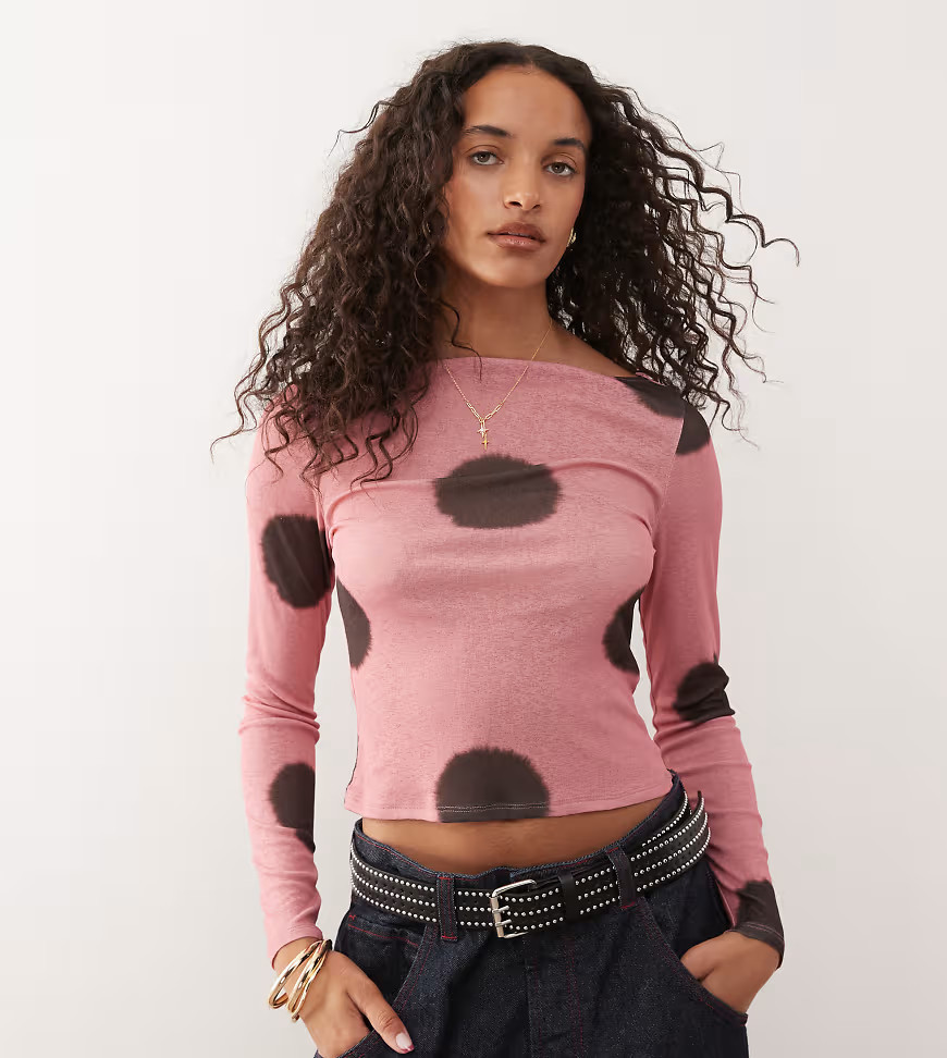 COLLUSION slash neck long sleeve top in pink polka dot | ASOS (Global)