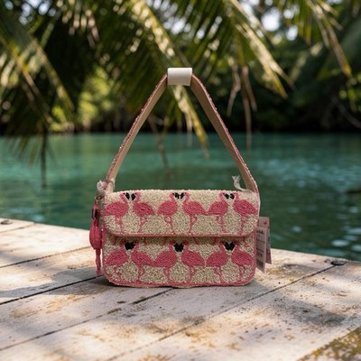 Women\u2019s Ivory/Pink/Black Beaded Flamingo Shoulder Bag with Flamingo bag Charm | eBay | eBay US