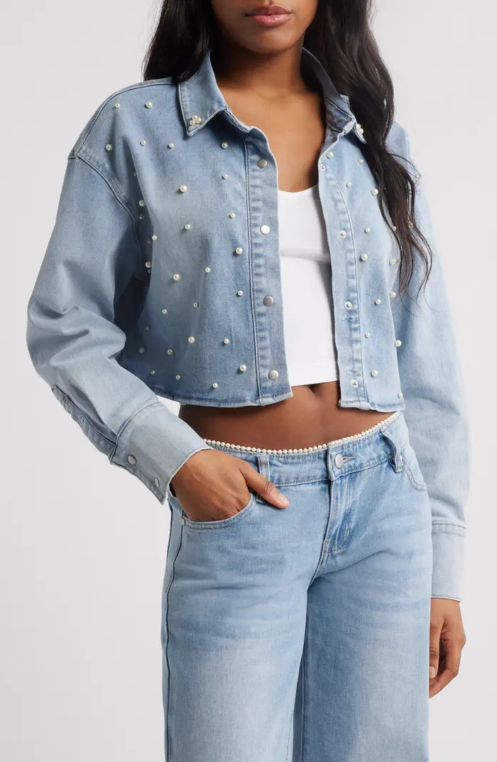 Faux Pearl Cotton Blend Denim Button-Up Shirt | Nordstrom