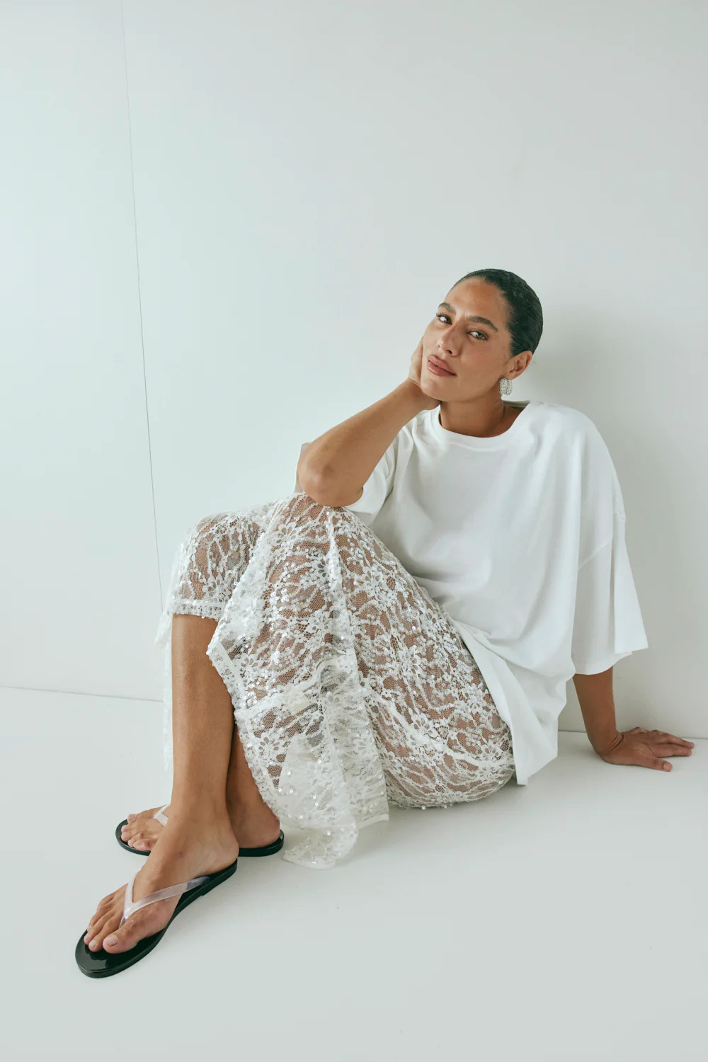 Devyn Sequin Midi Skirt White | VRG Grl