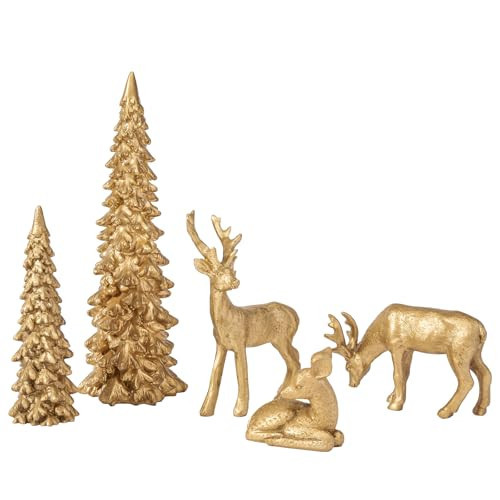DN DECONATION Christmas Reindeer and Tree Decor – Set of 5 Gold Xmas Reindeer with Christmas Tree Statues – Vintage Resin Woodland Forest Animals Deers for Table Mantle, Indoor Winter Decor | Amazon (US)