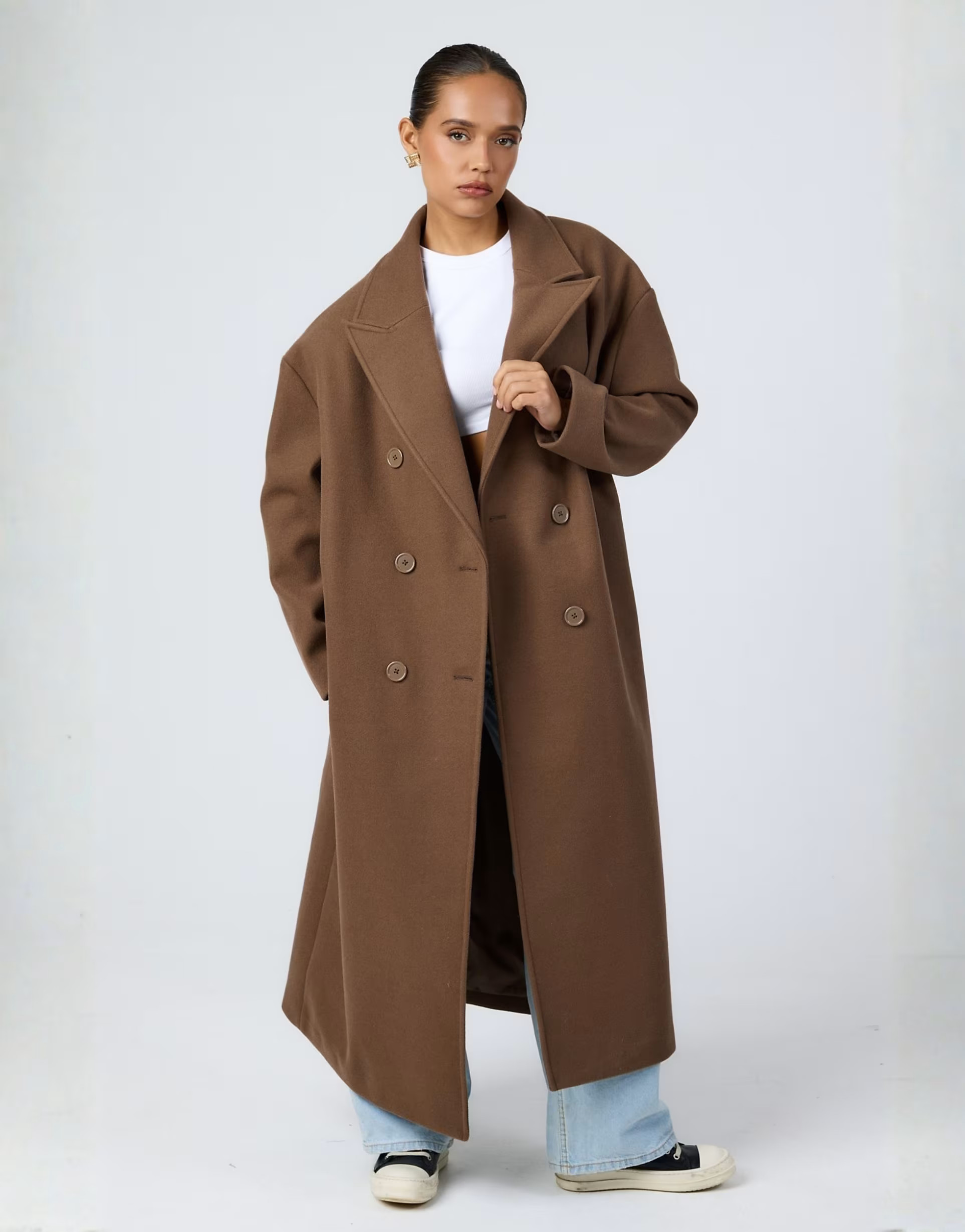 Aria Cove wool look formal double breasted longline maxi coat in brown | ASOS (Global)
