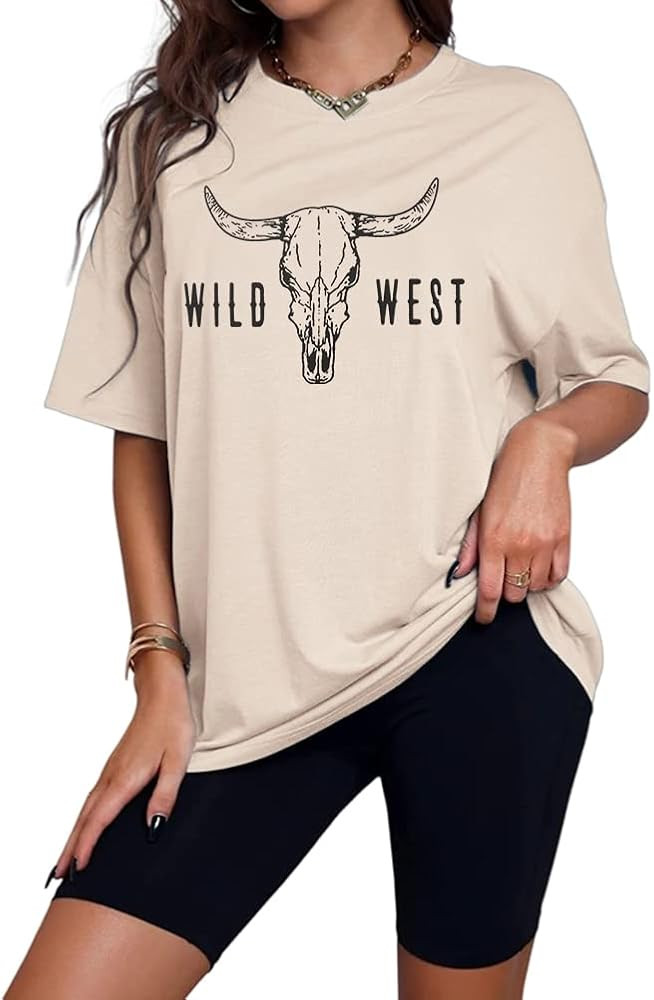 Women Wild West T-Shirt Western Boho Cow Skull Graphic Bleached Tee Vintage Rodeo Cowgirl Shirt O... | Amazon (US)