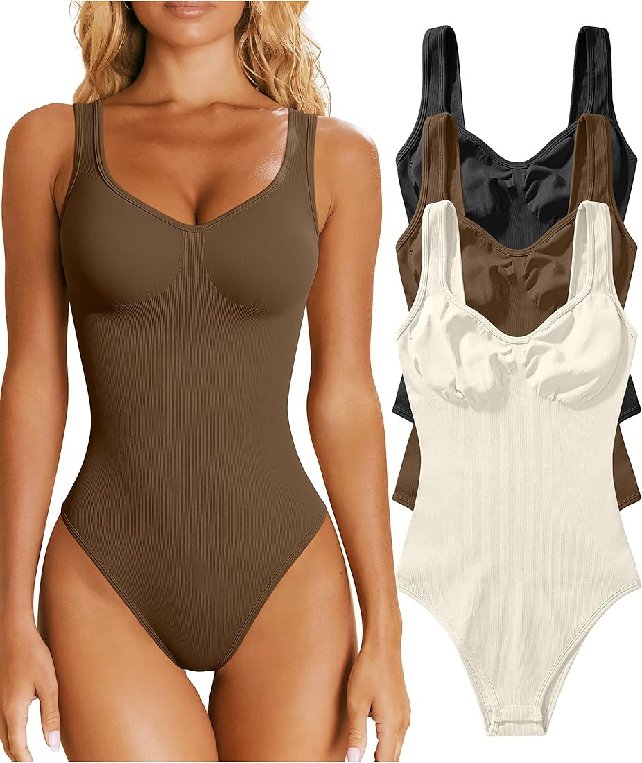 OQQ Women's 3 Piece Bodysuits Sexy Ribbed Sleeveless Shapewear Tank Tops Bodysuits | Amazon (US)