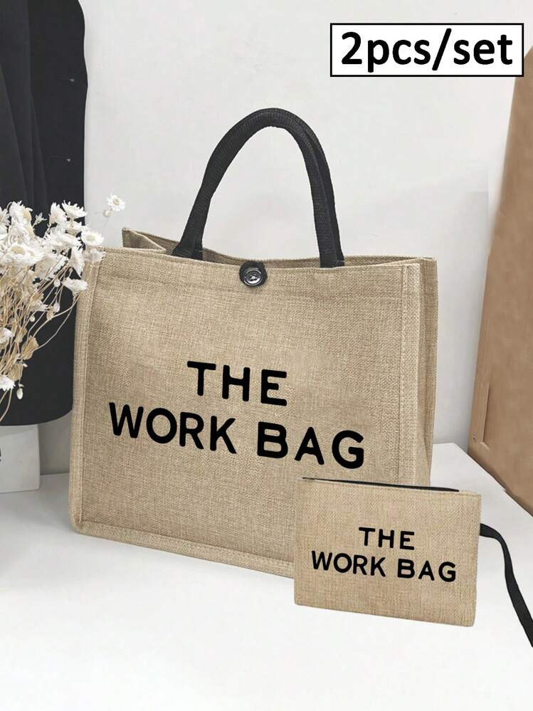 Creative THE WOEK BAG Alphabet Printed Linen Handbag, Khaki Color Block Shopping Bag, Teacher's T... | SHEIN