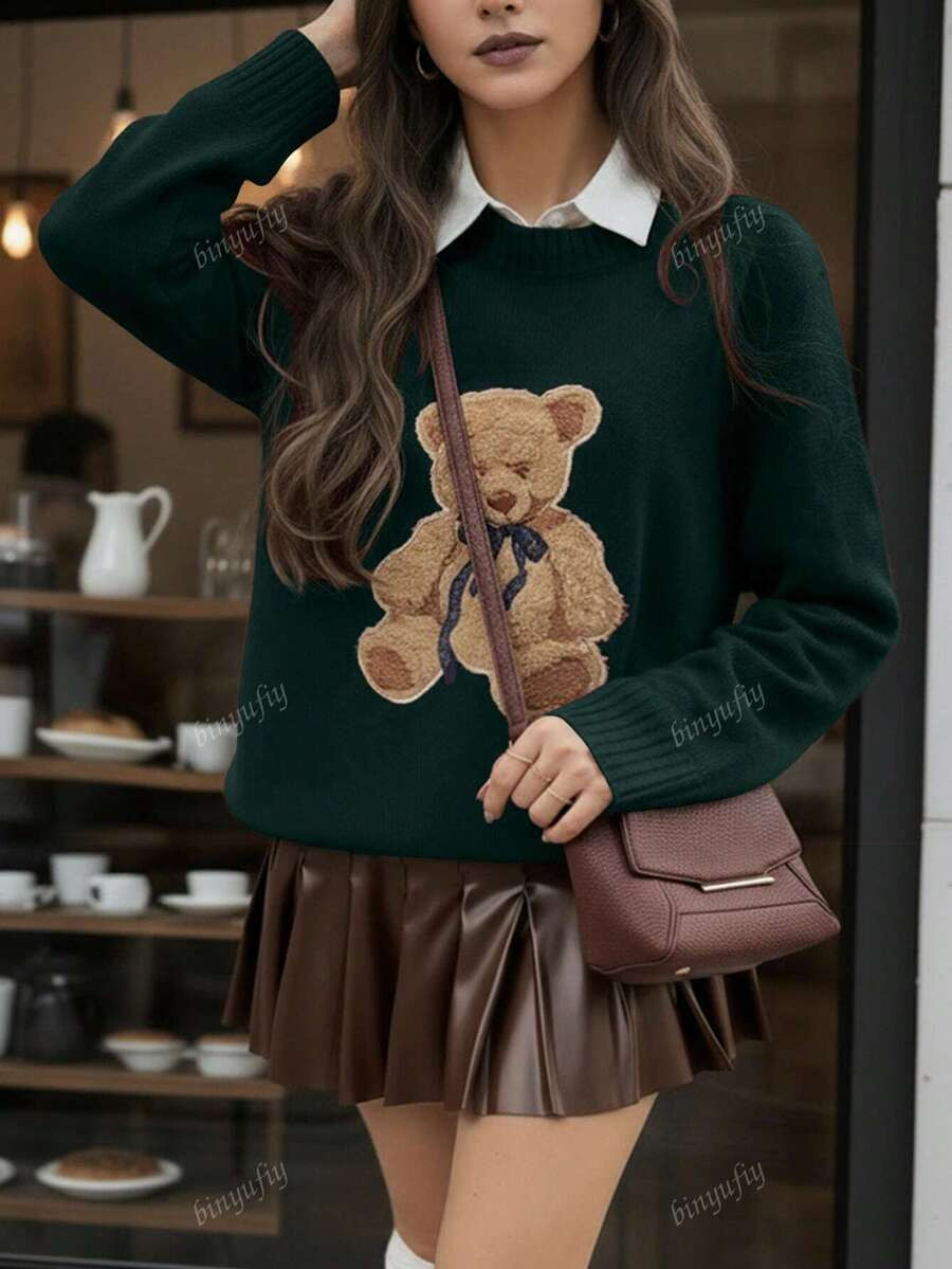 Women's Casual Cartoon Bear Ribbed Crew Neck Knit Long Sleeve Sweater, Suitable For Autumn/Winter | SHEIN