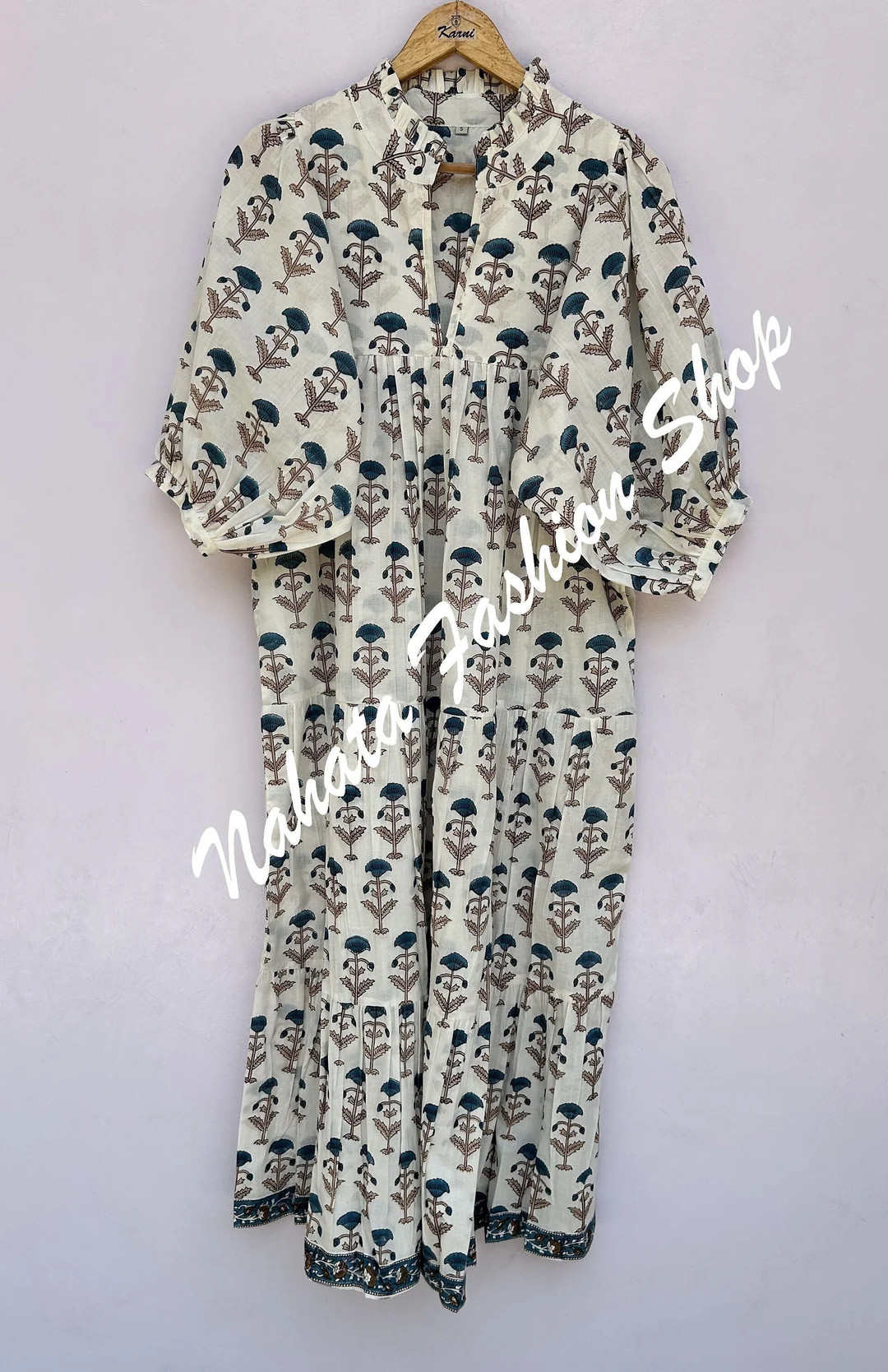 Cotton White Blue Floral Pattern Printed Women's Maxi Dress V Neckline Summer Dress 3/4th Sleeves... | Etsy (US)