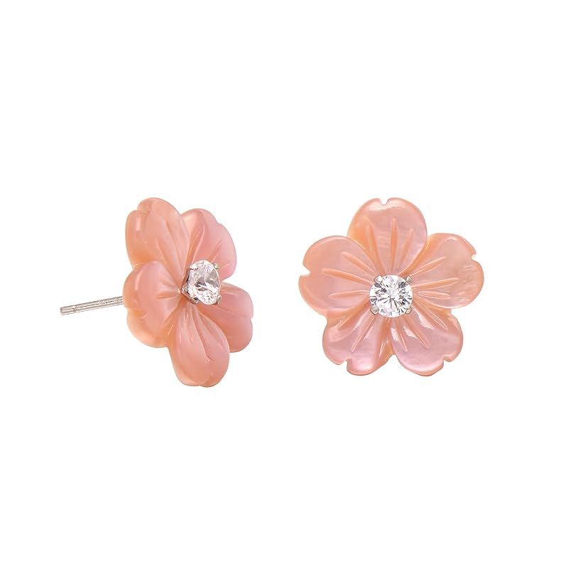 Hand Carved Flower Shell Earring Jacket with 3MM White Cubic Zirconia Sterling Silver Studs | Amazon (US)