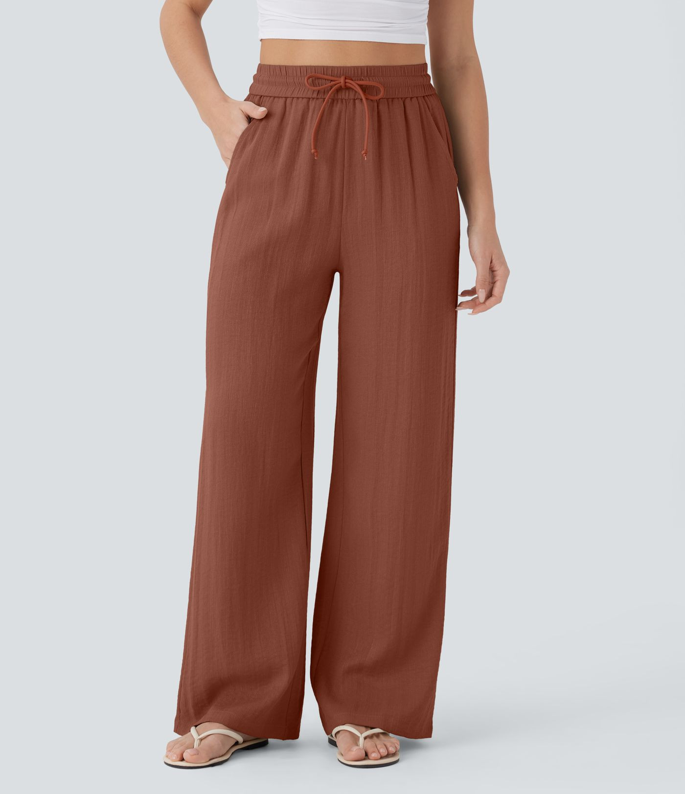 Women’s High Waisted Drawstring Pocket Wide Leg Casual Linen-Feel Trousers - Halara | Halara UK