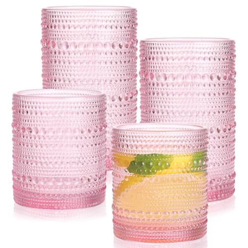 Airsky Pink Vintage Drinking Glasses Set of 4-2 Cocktail Glasses 10 oz & 2 Highball Glasses 12 oz, Fashioned Hobnail Glasses for Beer, Whiskey, Soda, Juice, Coffee, Party Supplies | Amazon (US)