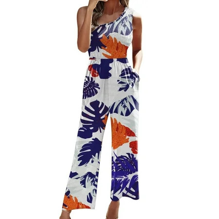 One Shoulder Jumpsuit for Women Casual Printed Smocked Sleeveless High Waisted Wide Leg Pants Romper | Walmart (US)