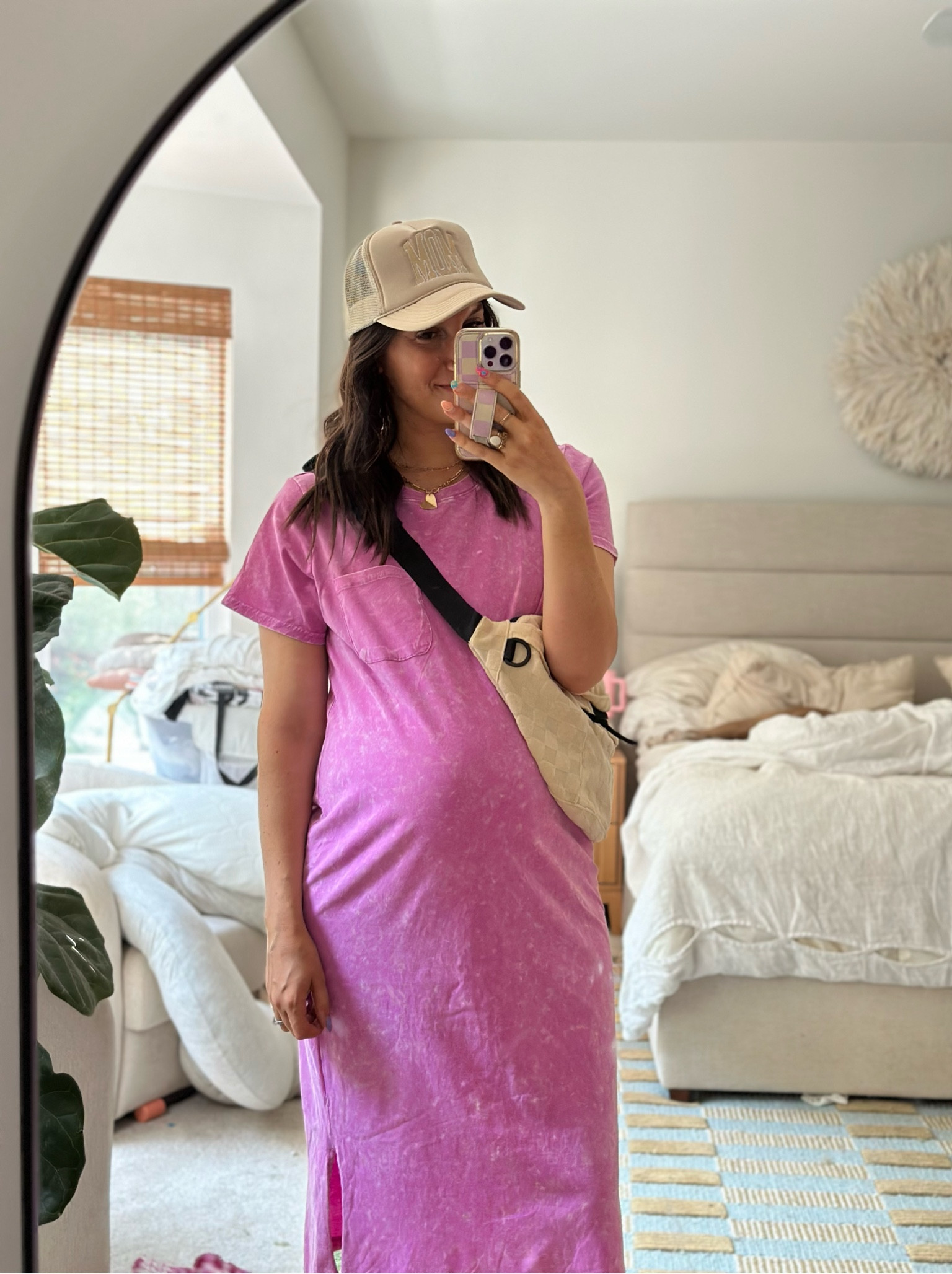 LOVE this $17 tee dress! 
MIDI length
Pair with a sneakers and hat for casually chasing around kids too!

Wearing size medium (which is size 8-10) size down if want true to size— I like slightly oversized for accommodating the bump!