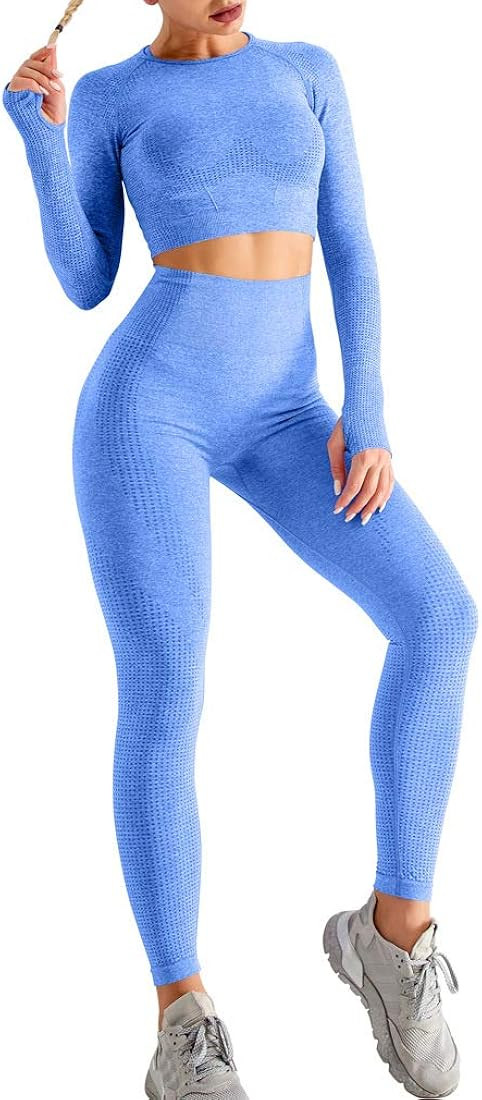HYZ Women's Seamless 2 Piece Outfits Workout Long Sleeve Crop Top High Waist Yoga Legging Sets | Amazon (US)