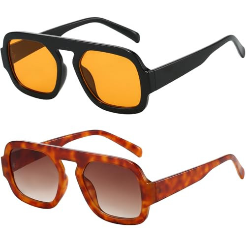 MUNSADE Trendy Square Aviator Sunglasses for Women Flat Top Designer Stylish Frame Sun Glasses Vintage Shades ((2 Pack) Black/Orange+Orange Leopard/Brown) | Amazon (US)