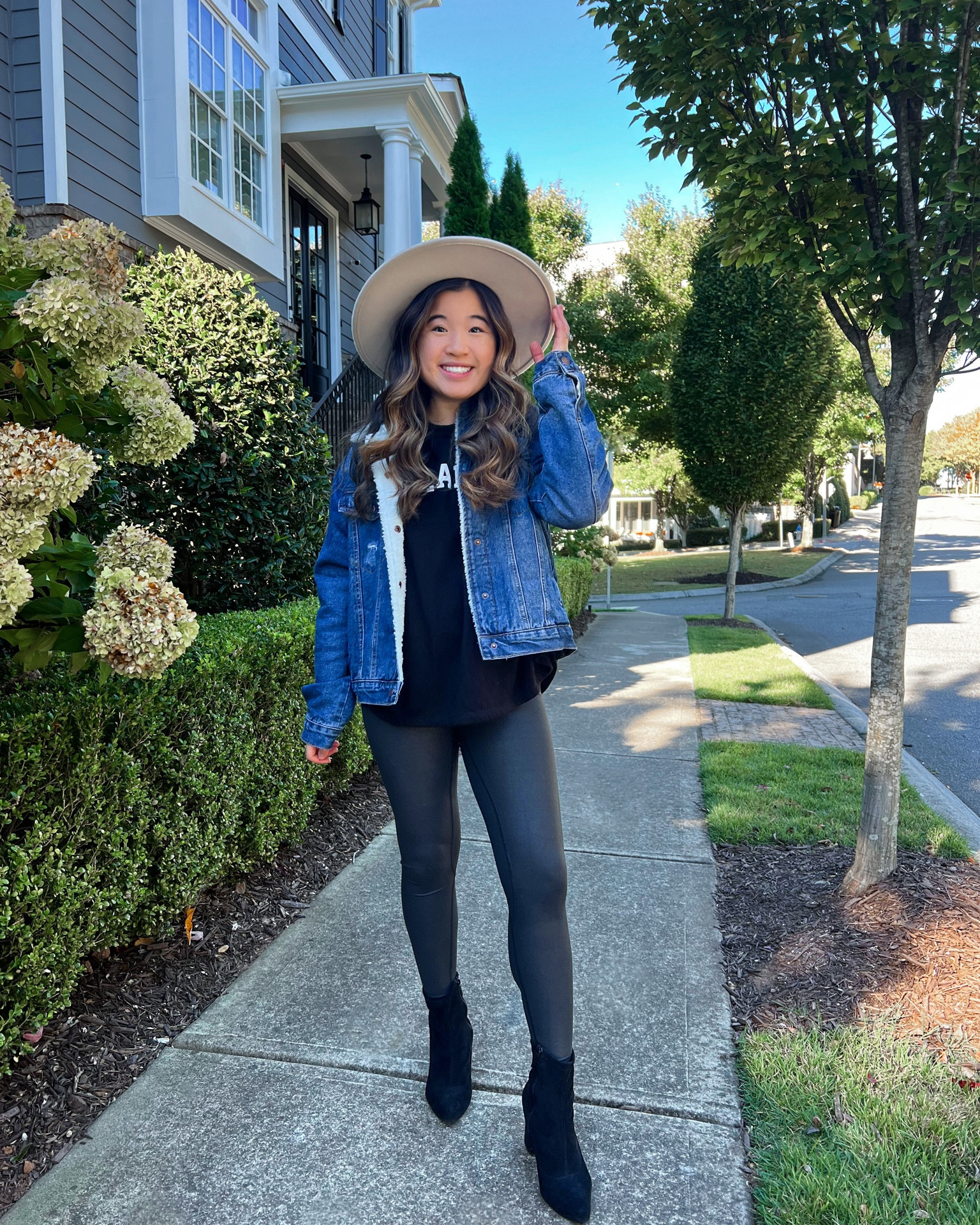 Fall outfit inspiration: Hat from Böhme, black Atlanta sweatshirt from Dress Up Boutique (size small), sherpa jean jacket from Amazon (size medium), faux leather leggings from Pink Lily (size small), black sock booties from Dottie Couture Boutique (size 6.5)

#LTKunder100 #LTKSeasonal #LTKU