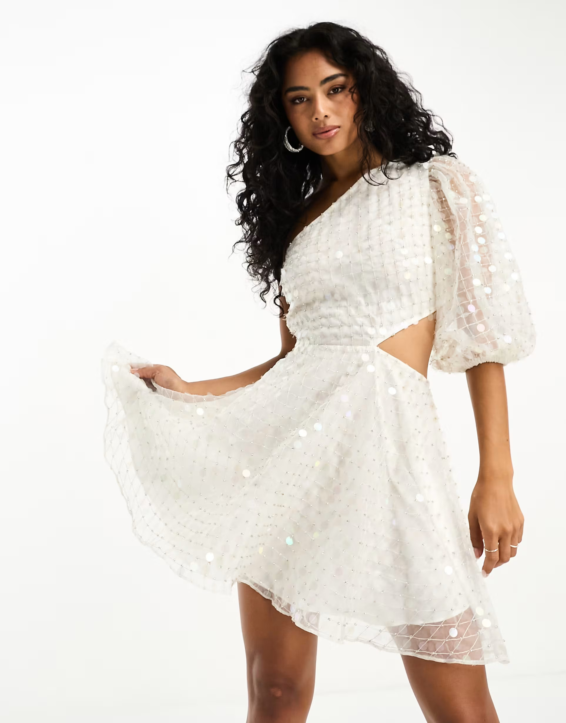 ASOS DESIGN embellished organza asymmetric one sleeve mini dress in white | ASOS (Global)