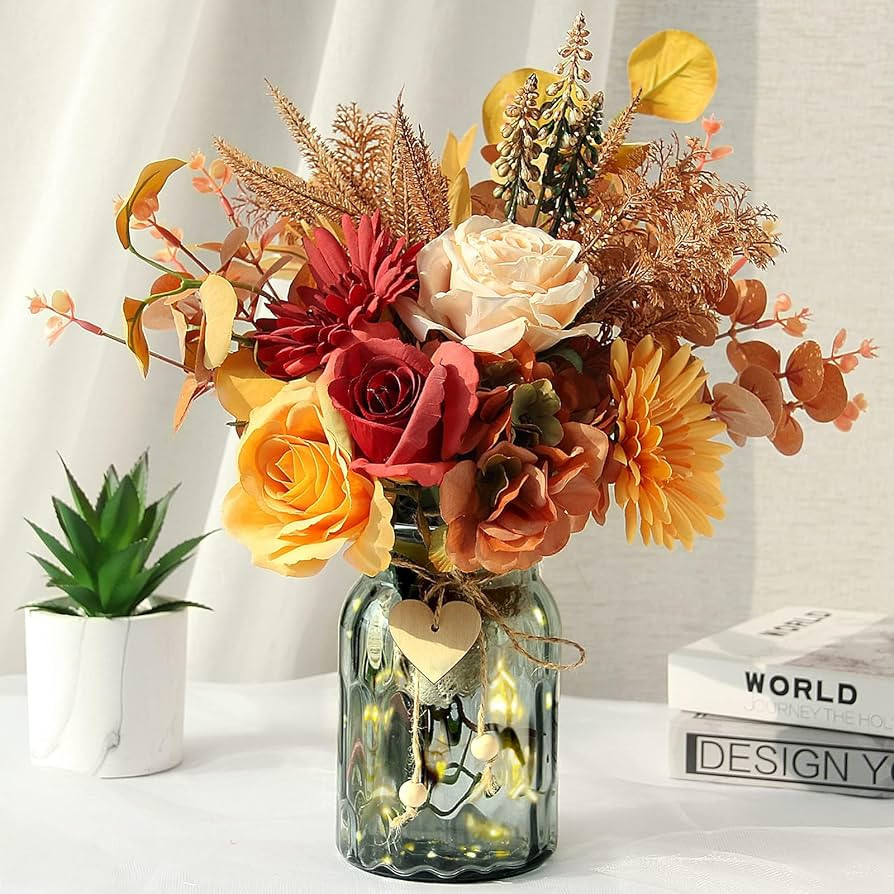 Artificial Flowers in Vase, Faux Flowers with Vase, Silk Fall Orange Rose Flower Arrangements wit... | Amazon (US)
