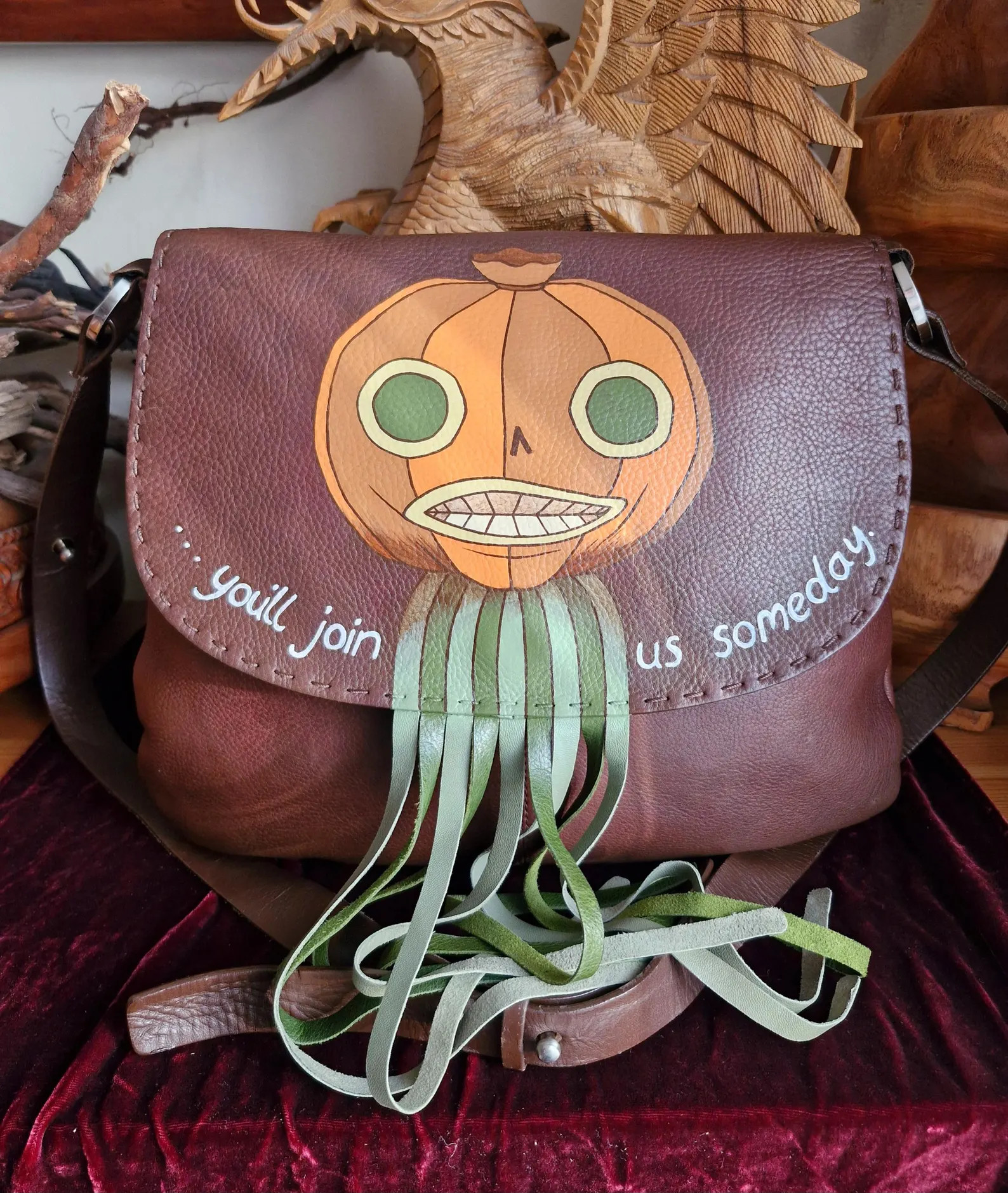 Upcycled Painted Brown Leather Shoulder Bag With Over The Garden Wall Enoch "... you'll join us s... | Etsy (US)