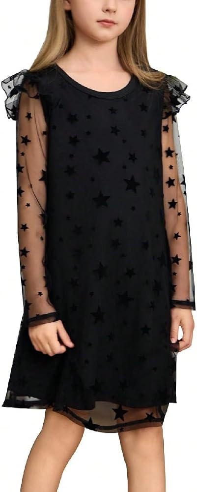 WDIRARA Girl's Star Print Contrast Mesh Ruffle Trim Long Sleeve A Line Mini Dress | Amazon (US)