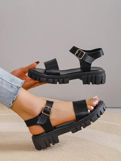 Neutral Women Buckle Wedge Sandals, Cool Black Solid Ankle Strap Platform Sandals For Summer SKU:... | SHEIN