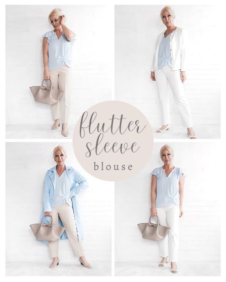Four ways to style a baby blue flutter sleeve blouse

#LTKSeasonal #LTKstyletip #LTKover40