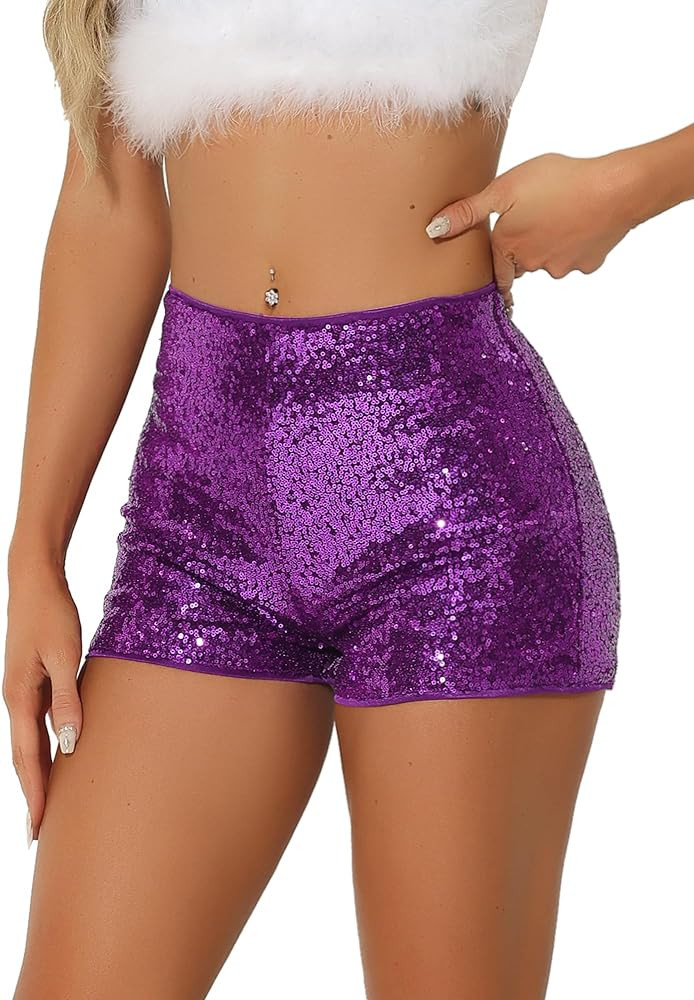 Allegra K Sequin Shorts for Women's Midrise Solid Zipper Elastic Waist Sparkle Cocktail Night Out... | Amazon (US)
