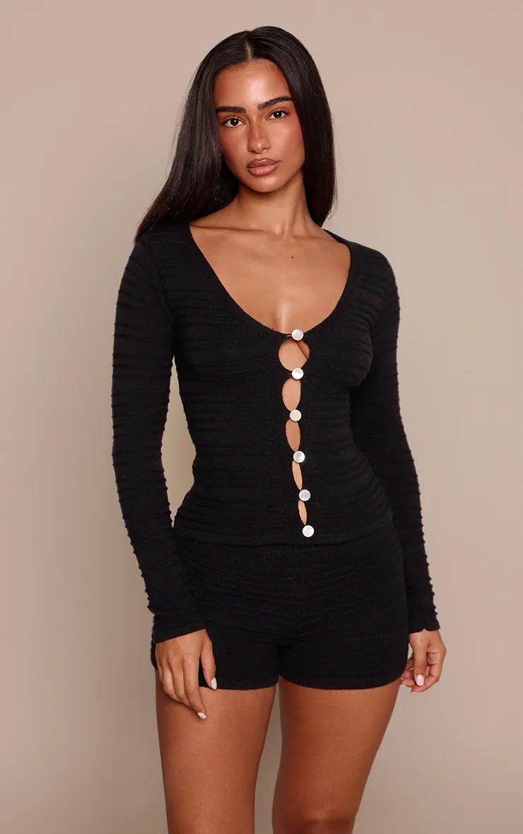 Petite Black Ribbed Knit V-neck Cardigan Sweater | PrettyLittleThing UK