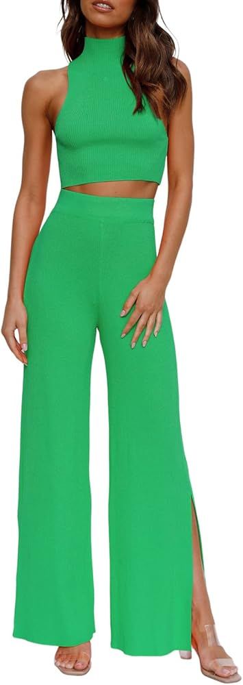 Bydezcon Women Outfits Sets 2 Piece Ribbed Sweatsuit Lounge Set Knit Ribbed Crop Top& Palazzo Pan... | Amazon (US)