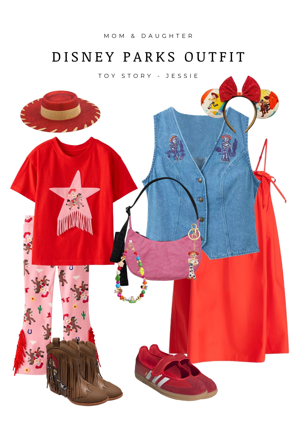Matching mom and daughter Disney parks outfit inspired by Jessie from Toy Story. This cute Disney look features a red dress, denim vest, Jessie hat, cowgirl boots, and Toy Story accessories. Perfect for Disneyland or Disney World outfit planning, family Disney outfits, and themed park days. Great inspiration for mommy and me Disney outfits, Toy Story outfits, and Disney park style ideas.

#LTKootd #LTKKids #LTKTravel