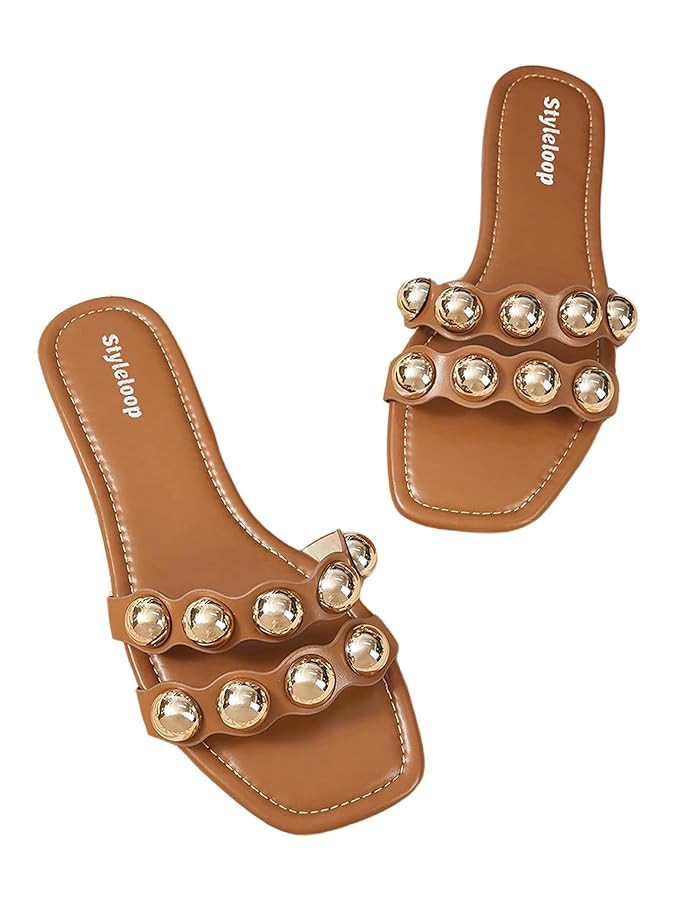 GORGLITTER Women's Leather Square Toe Flats Sandals Dressy Summer Metallic Double Strap Slip On S... | Amazon (US)