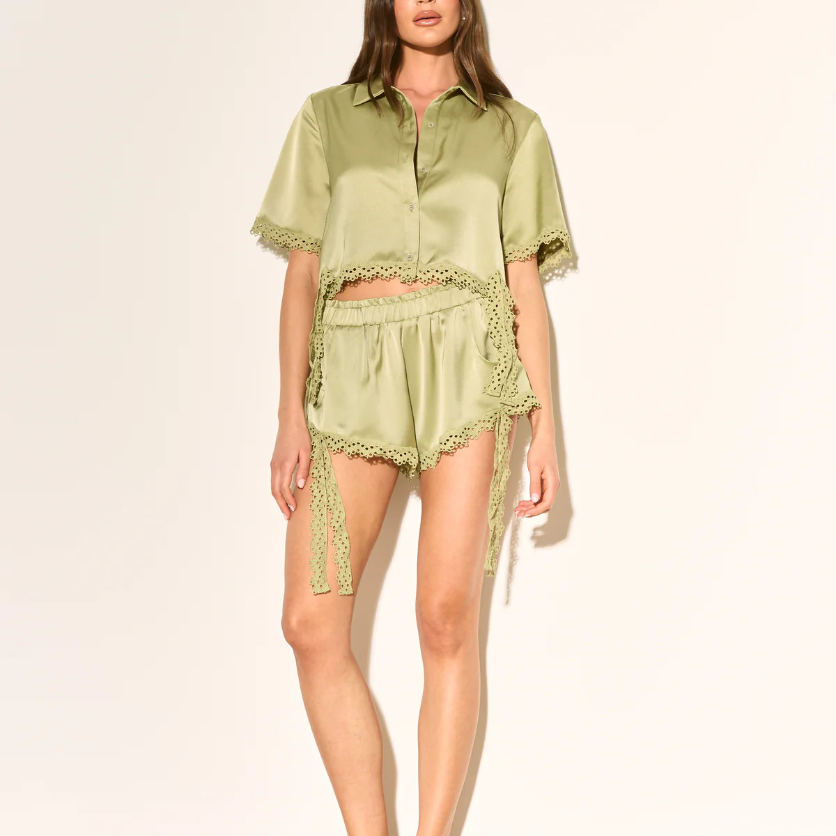 ILARA Olive Crochet Trim Shorts | Noughts and Kisses