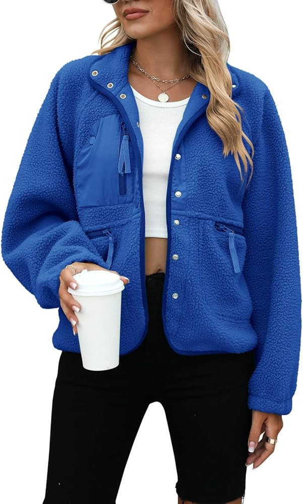 Yanekop Womens Fleece Jacket Fuzzy Long Sleeve Short Coats Button Down Sherpa Outerwear with Pock... | Amazon (US)