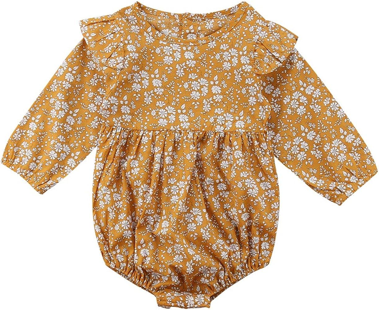 Newborn Baby Girls Floral Print Long Sleeve Round Neck Vintage Romper Infants Ruffles Jumpsuit | Amazon (US)