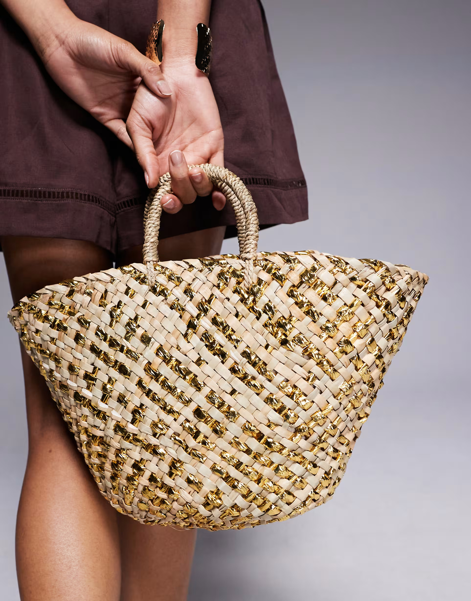 South Beach straw basket bag with crossbody strap in gold metallic | ASOS (Global)