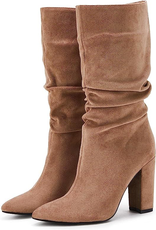 Womens Winter Slouchy High Heel Boots Mid Calf Suede Slip on Chunky Block Pointed Toe Boots | Amazon (US)