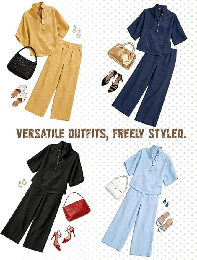 two piece sets for women,Women's summer linen two-piece set, casual shirt and wide-leg trousers s... | Amazon (US)