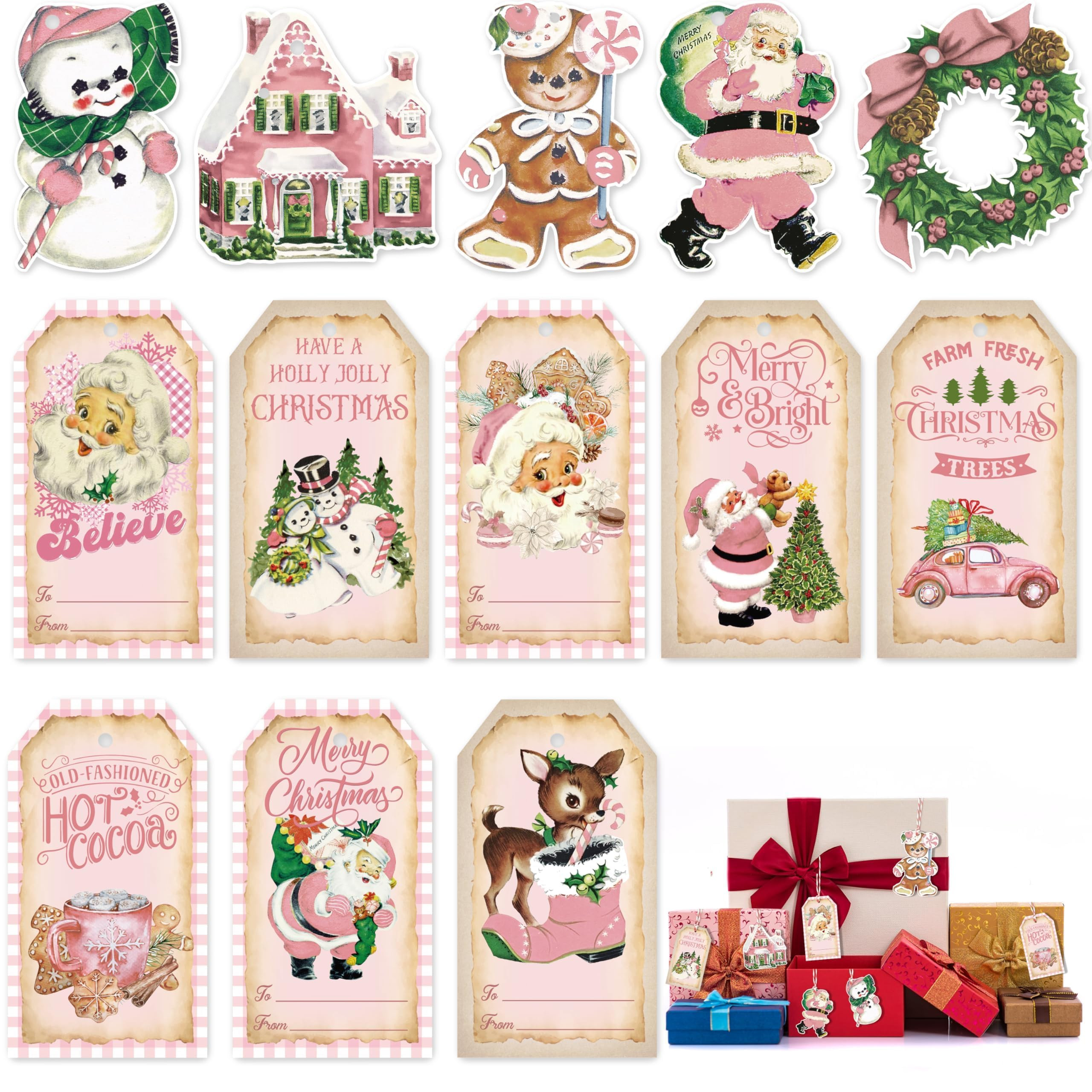 K1tpde 137PCS Pink Vintage Christmas Gift Tags with 30m Hemp Rope Merry Christmas Hanging Paper T... | Amazon (US)