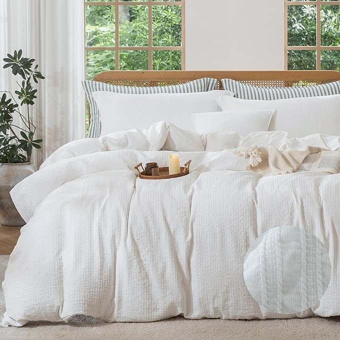MILDLY White Boho Duvet Cover Set - 100% Washed Cotton Jacquard Stripe Textured Comforter Cover w... | Amazon (US)