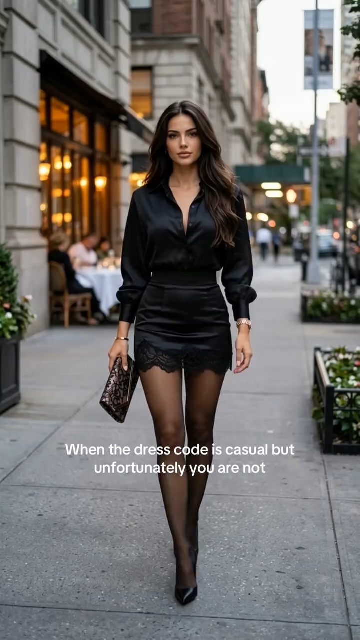 Black satin blouse and marching lace satin skirt, fall date night outfit