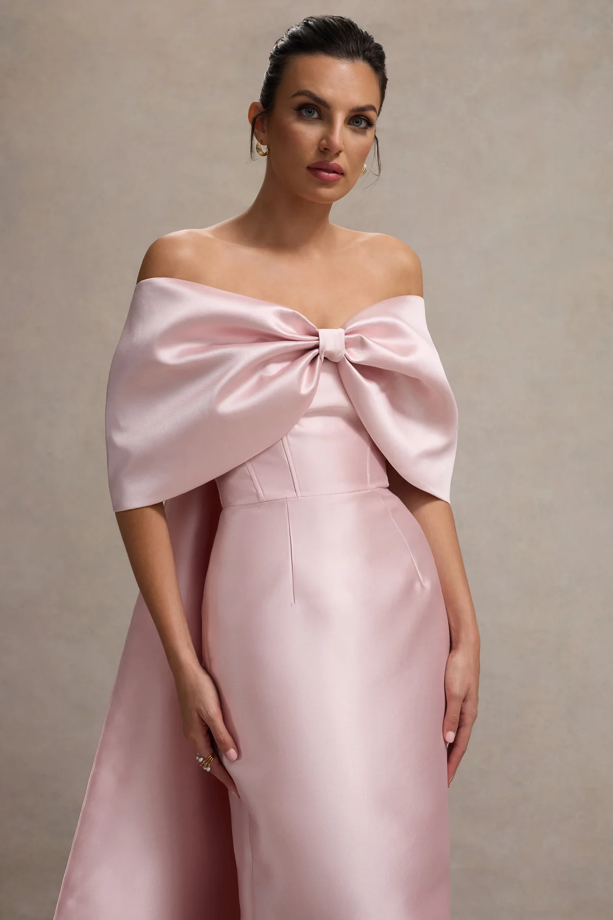 Wanting More | Pink Satin Cape Maxi Dress With Oversized Bow | Club L London