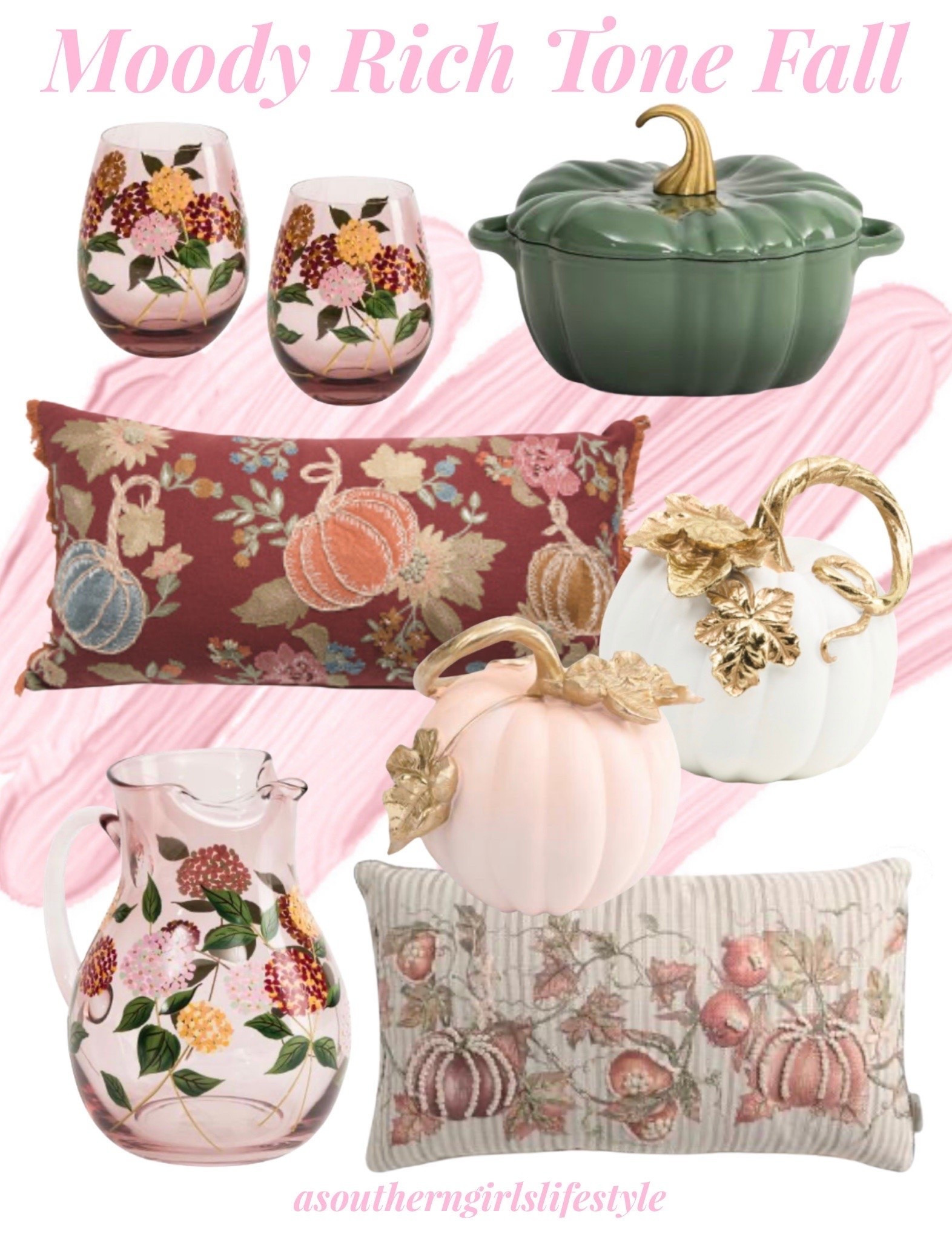 New TJMaxx & Marshalls Moody Rich Tone Fall Decor - love these hues! Especially with soft Pink Fall!

Fall Hydrangea Stemless Glass Set, Green 4Qt Cast Iron Pumpkin Dutch Oven, Embroidered Velvet Pumpkin
Lumbar Pillow,  Resin Pumpkin with Gold Leaves, Fall Hydrangea Belly Pitcher & Embroidered Pumpkin Pillow

Fall Home Decor. Cozy Home. Fall Decor

#LTKHome #LTKSeasonal
