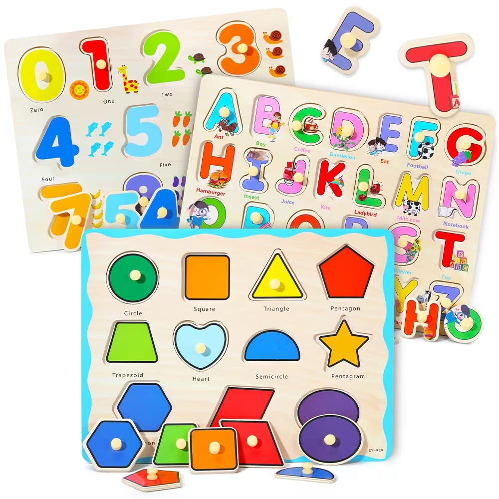 GRINNNIE Wooden Montessori Toddler Puzzles for 1 2 3 4 Years Old, 3 Pcs (Number, Letter, Shape) K... | Amazon (US)