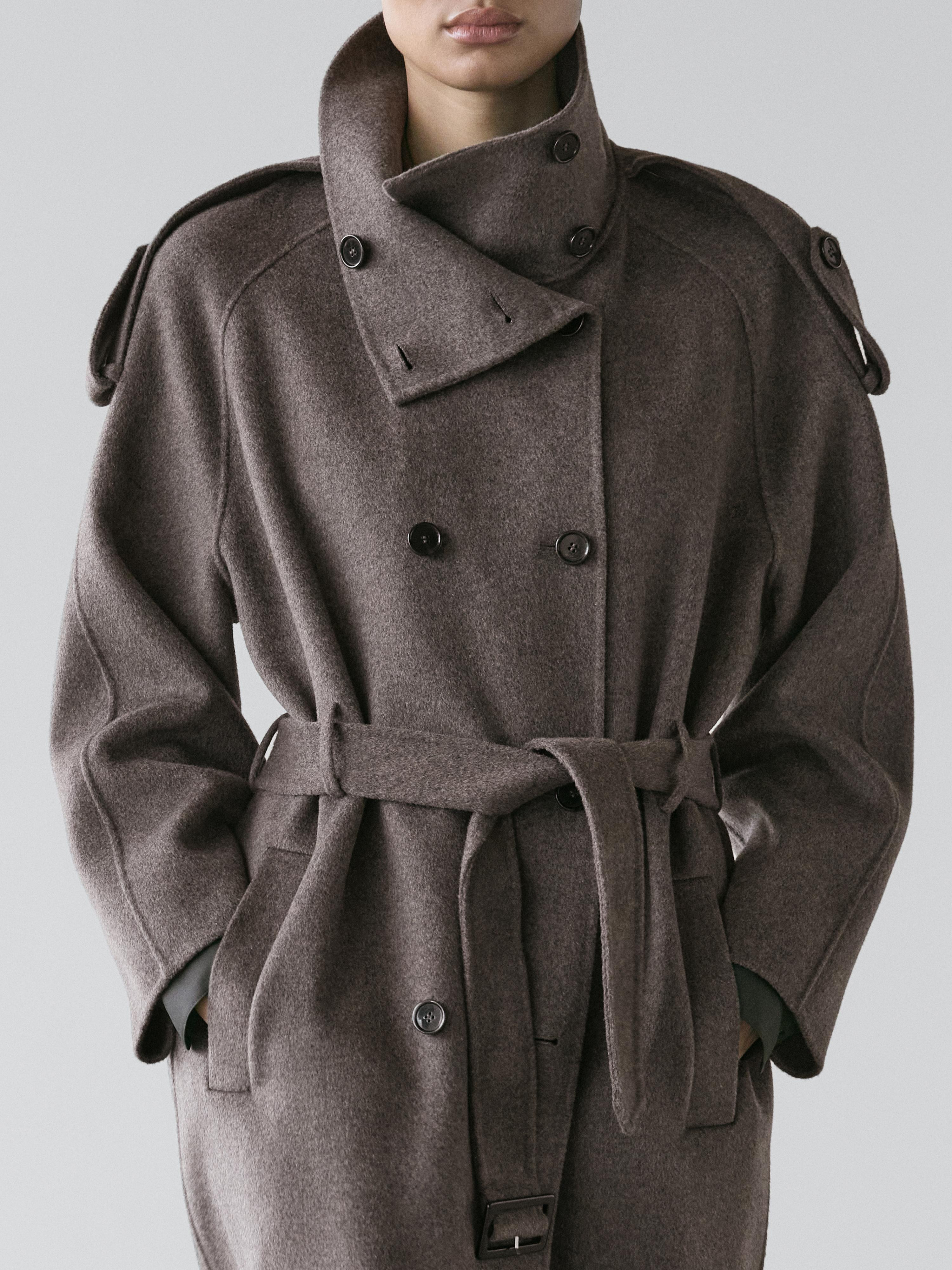 Long wool blend trench coat with belt | Massimo Dutti UK