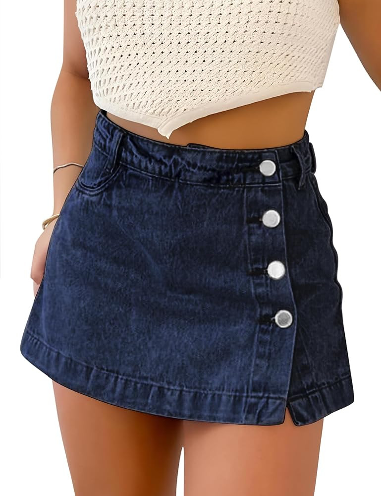 Denim Skort for Women Trendy Slit Mini Denim Skirt Casual Stretchy Jean Skirt with Shorts Summer ... | Amazon (US)